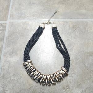 Chunky Black Rope Statement Necklace Gold Rings Rhinestone Bib Collar Choker